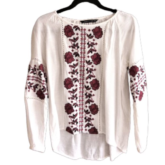 Zara Tops - Zara embroidered floral peasant tunic top XS